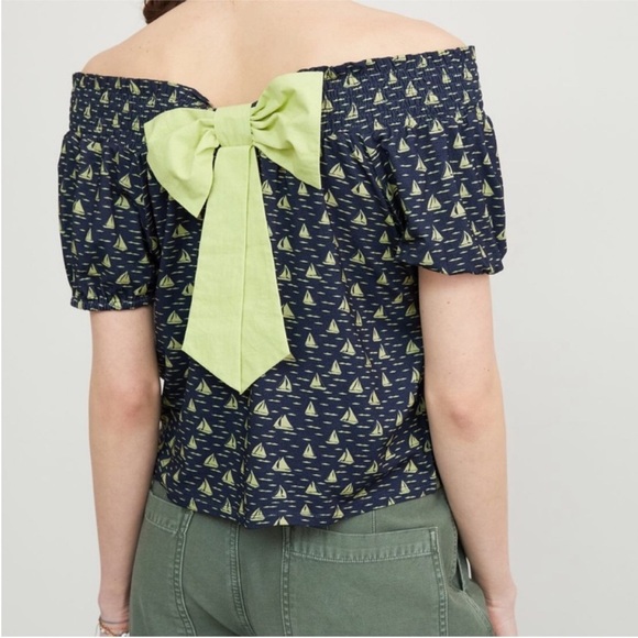 Anthropologie Porridge Printed Bow Back Top Navy Blue Green New Small Sail Boats - Picture 3 of 8